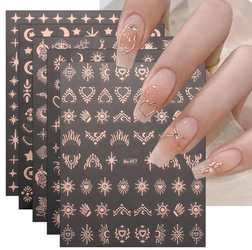 JMEOWIO Nagelsticker Mond Stern Sonne Herz 10 Blatt Nail Art Sticker Selbstklebend Nagelaufkleber Roségold Dekoration Nageldesign Zubehör