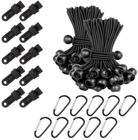 20 Universal Elastic Ball Ties Set UV Resistant Tarpaulin Bungee with Balls | Adjustable Flag Bungees with 10 clips & hooks, Bungee Toggles Tensioning Belts, Elastic Ties with Balls for Camping Tent