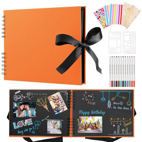 DazSpirit Fotoalbum zum Selbstgestalten, 29 x 21.5 cm, 80 schwarze Seiten | Inklusive 12 Metallic-Farbmarkern, als Scrapbook, Fotobuch oder Gästebuch für Geburtstage, Hochzeiten und Erinnerungen