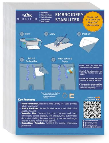 NESSTERS Stickvlies Wasserlöslich Selbstklebend – 8 STK Bedruckbare Stickfolie A4 (21x29,7 cm) – Mittleres Gewicht (40 g/m²), Zum Zeichnen & Drucken von Stickvorlagen – Für Hand- & Maschinenstickerei