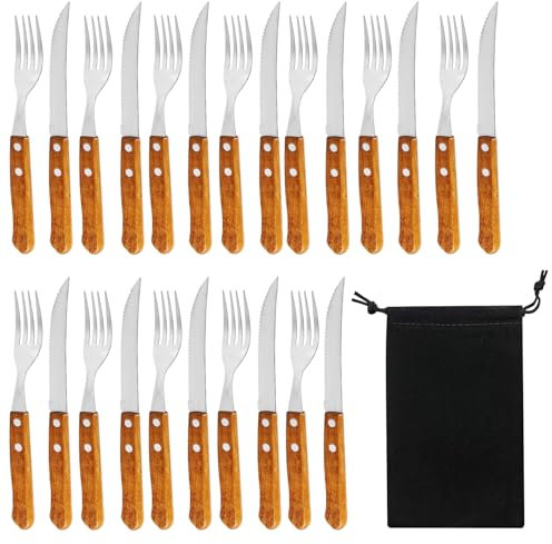 HOMURY 24 teilig Steakbesteck, Besteck Set für 12 Personen, Steakmesser set, Messer und Gabel Set, Steakmesser und Steakgabeln, Stahl Holz Steakbesteck, Besteck für Steak (Retro-Braun)