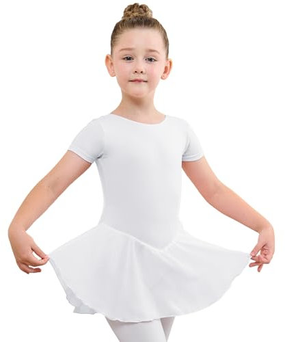 BALAYSIER Justaucorps de ballet pour fille - Manches courtes - En coton - Avec jupe en mousseline, Blanc., 120