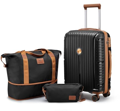 Joyway Kofferset 3 Teilig von PP Hartschalen Trolley Kofferset mit TSA Schloss und 4 Rollen Der Handgepäck Sets Enthält 1 Reisetasche und 1 Kulturbeutel Schwarz