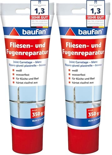 Baufan Fliesen- und Fugenreparatur Weiß 350g I Wasserfeste Spachtelmasse mit optimaler Haftung I Für Küche & Bad I Härtet rissefrei aus I Fugen-Mörtel (Packung mit 2)