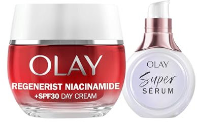 Olay Niacinamida + SPF30 Crema Hidratante De Día 50ML y Súper Sérum 5 Beneficios en 1, 14ML. Pack de 2 Unidades. Piel Más Firme Y Hidratada