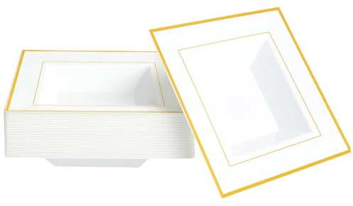 MATANA 100 Weiße Quadratische Plastikschalen mit Goldrand, Suppenteller, Suppenschalen (360ml) - Suppenschüssel für Hochzeiten, Geburtstage, Weihnachten, Partys - Mehrweg & Stabil