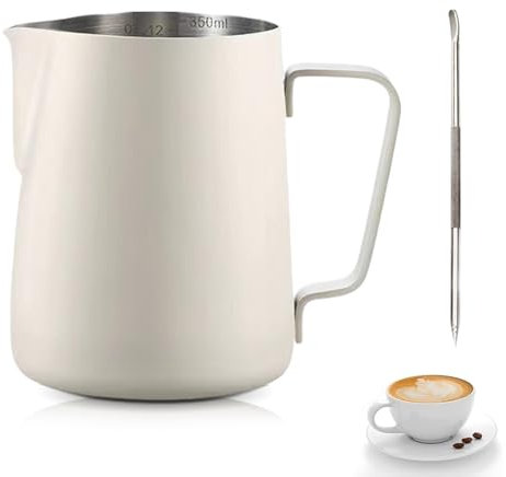 Milchkännchen Edelstahl,Tianher 350 ml Aufschäumer Kännchen Milchkanne aus Edelstahl Milch Pitcher Aufschäumen Krug mit Barista Stift Messung Mark für Cappuccino und Latté (Beige)
