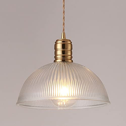 Vintage Industrial Gold Finish Ribbed Glass Dome Pendant Light for Dining Room Kitchen Loft Decor