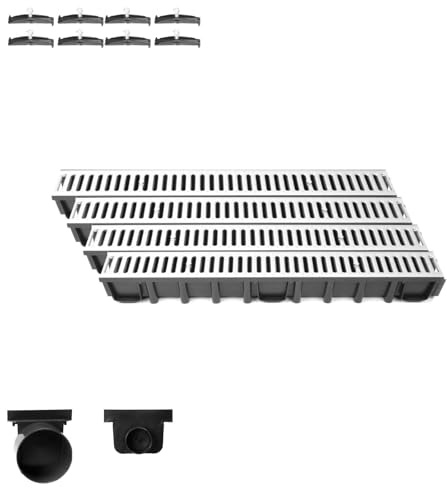 Entwässerungsrinne Set – befahrbar (A15) mit verzinktem Stahlrost | 4 m Länge, Bauhöhe 98 mm | Weitere Varianten: 1–10 m Länge, Bauhöhe 63 mm, 98 mm, 148 mm | Ablaufrinne für Garten, Hof & Einfahrt
