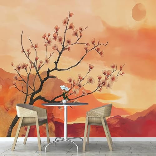 Tema Tramonto Fiori Di Pesco Carta Da Parati 3d Fotomurale, 350× 256 cm Natura Murali Per Soggiorno Divano Tv Hotel A Tema Corridoio Di Lusso Sfondo Dipinto Murale