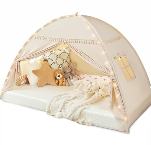 Sumbababy Twin Bed Tent for Kids Indoor, Toddler Bed Canopy with Star Lights & Flags, Twin Size Teepee Tents for Boys Girls Inside Bedroom (Golden Beige)