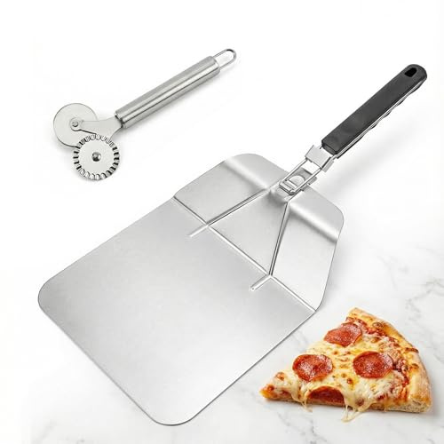 Pala para Pizza de Acero Inoxidable con Mango Plegable + Cortador de Masa de Acero Inoxidable – Accesorios de Cocina para Horno, Barbacoa y Pizza Casera