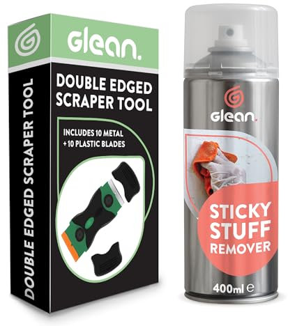 GLEAN Sticky Stuff Remover Spray 400ml & Scraper Tool | 2-in-1 Bundle | 10 Metal + 10 Plastic Blades | Removes Glue, Stickers, Gum, Sticky Tape| Multi-Surface Cleaner: Wood, Glass, Metal, Tiles