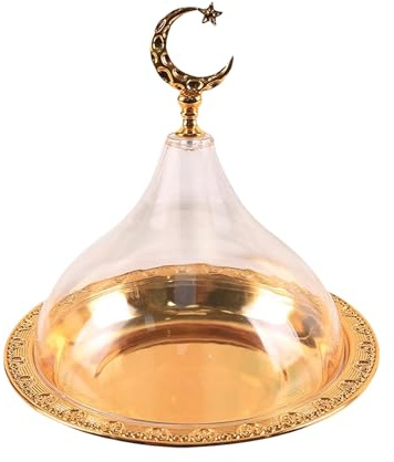 Ramadan Tray, Serving Plate with Acrylic Clear Golden Dome, Stainless Steel Serving Dish, Eid Mubarak Plates Ramadan Serving Tray for Eid For Home Party Wedding Dining Rooms Easter