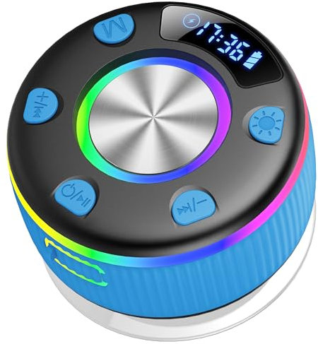 Bluetooth Shower Speaker, Portable Bluetooth Speaker with 360° HD Bass Sound, IP7 Waterproof Portable Wireless Speakers, RGB Lights, Radio, Mini Speakers with Suction Cup for Bathroom, Party, Blue