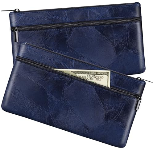 HAUTOCO 2 Stück Geldtaschen Banktasche PU-Leder Texturiert Bankmappe mit Reißverschluss 28 x 15.5 cm A5 Dokumente Zwei Taschen Geldmappe für Business Haushalt Schule, Königsblau