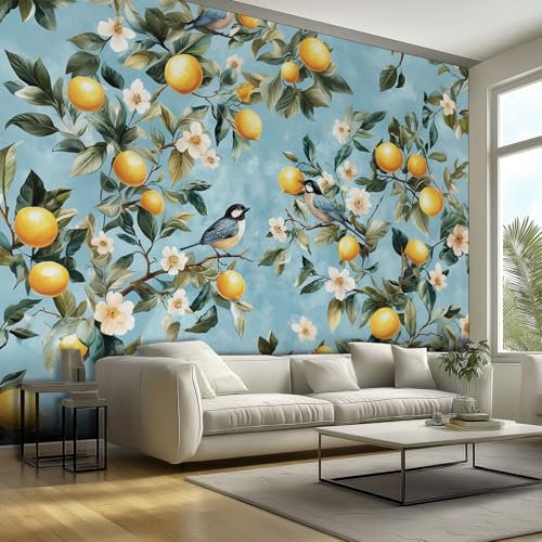 Générique Papier Peint Panoramique 350x256 cm, Citron Oiseaux Motif Mur Papier Peint Intissé, Jaune Bleu Fleurs Blanches Décoration Revêtement Mural, pour Cuisine