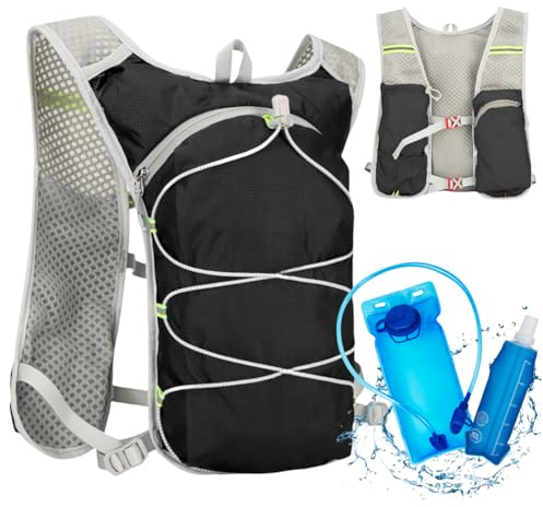 Zaino Idratazione Running per Uomo e Donna, Zaino da Corsa Riflettente Traspirante Regolabile con Vescica D'Acqua da 1,5L e una Borraccia Morbida 500ml per Trekking Escursionismo Maratona(nero)