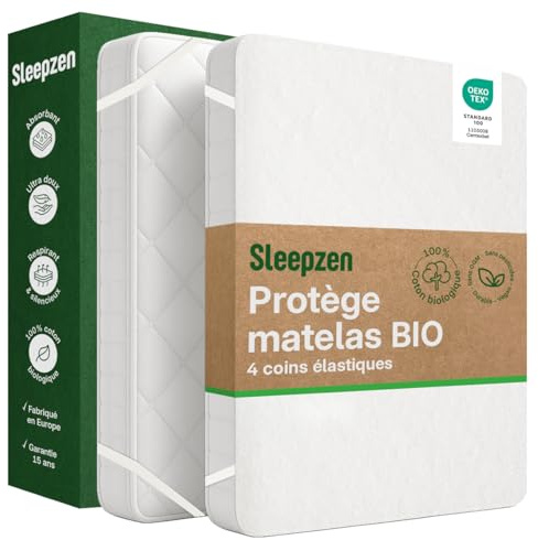 Sleepzen - Protege Matelas 90x190cm Alese Molleton 100% Coton Bio Certifié Oeko-Tex® - Naturellement Anti-Acariens & Antibactérien, Hypoallergénique - Fabriqué au Portugal - Format Alèse Plateau