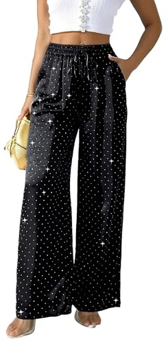 Damen-Hose mit Strass, Glitzer, Satin, seidig, hohe Taille, weites Bein, glänzend, Party, Arbeit, Nachtclub