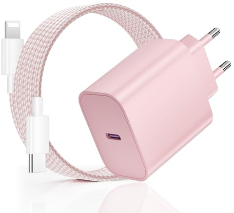 20W Cargador para iPhone Carga Rapida, USB C Cargador para iPhone 14 13, PD3.0 Enchufe con 2M Cable Lighting para Phone 14 Plus/14 Pro/14 Pro Max/13 12 11 SE XS MAX XR, para Pad - Rosa