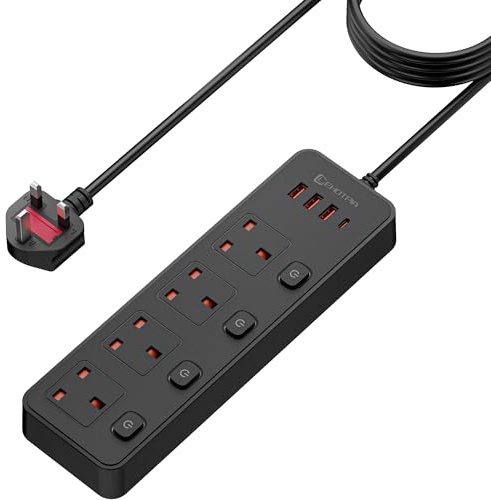 Extension Lead 1.8M with 4 USB Ports with Individual Switches,4 way | Extension Lead, 13A 3250W Power Strip, Wall Mountable for Bedroom Office Accessories, Black