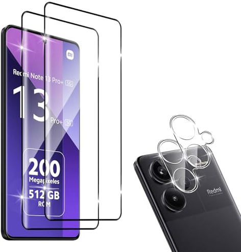 HidWee Cristal Templado Compatible con Xiaomi Redmi Note 13 Pro Plus 5G, 2Pcs Protector de Pantalla [3D Cobertura Completa] + 2Pcs Protector de Lente Cámara, 9H Dureza HD Sin Burbujas Vidrio Templado