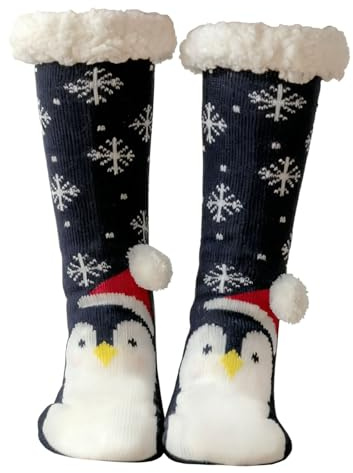 LMSHOWOWO Chaussettes Noël Antidérapantes Femme, Chaussette Polaire Noel, Chaussette Chausson de Noel, Chaussettes Fem Chaussettes Noël me Hiver Chaud, Cadeaux de Noël (Pingouin Bleu Marine)