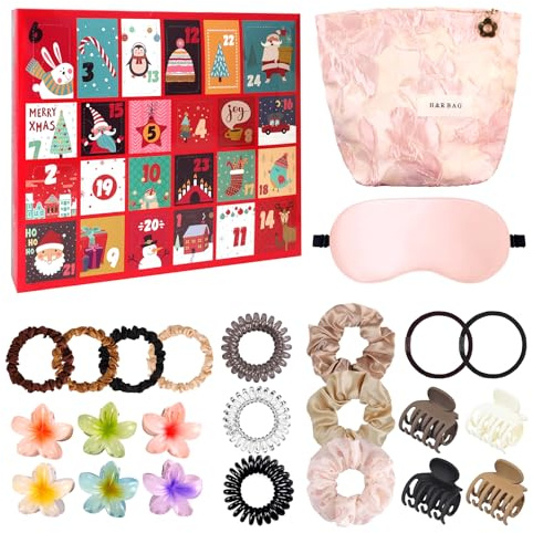 Beauty Adventskalender 2025 frauen, Christmas Vacation haargummi Adventskalender, 24 Tage Countdown Haar Accessoires mit Haarschmuck, Haargummis, Scrunchies, Schlaf Augenmaske, Tasche