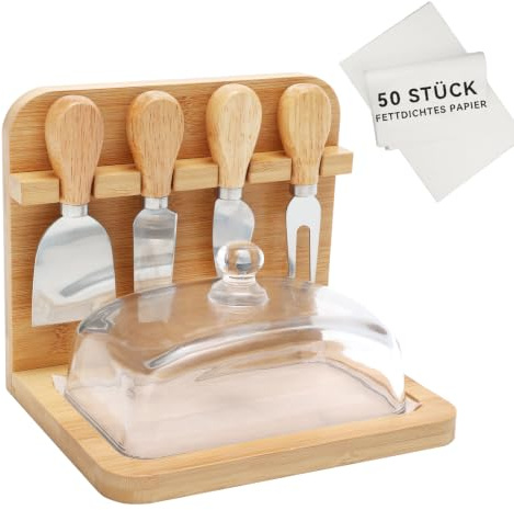 Mantequera con tapa, 4 cuchillos de queso y soporte para cuchillos, 50 hojas de papel de mantequilla, 2 en 1, para el mostrador de la cocina