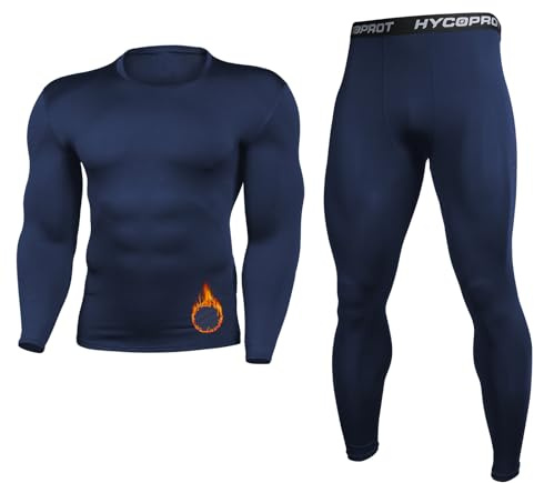 HYCOPROT Termiska Underkläder Set Herr Termisk T-shirt Herr Termisk Andningsbar Funktionell Termisk Set Vinter för Skidåkning Berg Cykling, Blå, M
