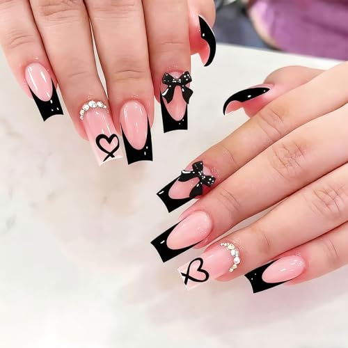 Ruispeed Unghie finte Medie Stile Coffin, French Tip Nere con Decorazioni a Fiocco 3D, adesive, Unghie acriliche a Forma di Cuore, Completamente ricoperte di Strass, per Donne, 24 Pezzi