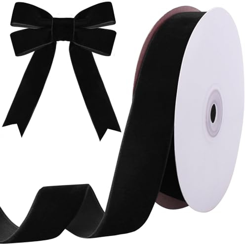 Evadollina Geschenkband, Samtband, 25 mm X 9 m Schwarzes Samtband, Velvet Ribbon, Samtstoff, Geschenkband Breit, Für Weihnachten, Zum Verpacken Von Geschenken und Basteln
