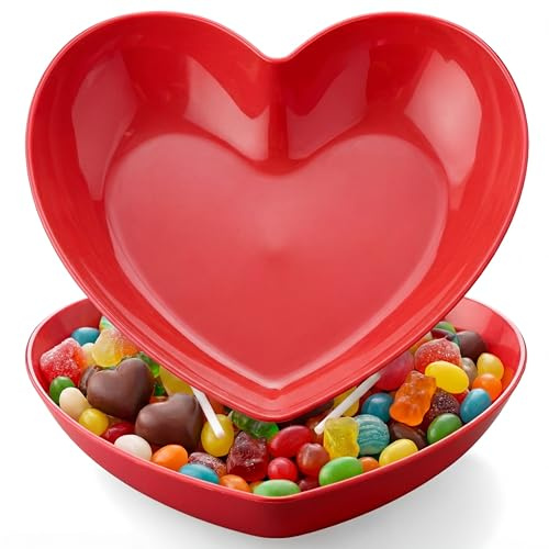 Remerry 2 Pcs 9.84 Inches Large Candy Bowl Dish Heart Shaped Bowls Red Love Heart Candy Dishes Bowls Plastic Love Fruit Plate Dessert Snack Salad Dish for Home Anniversary Wedding