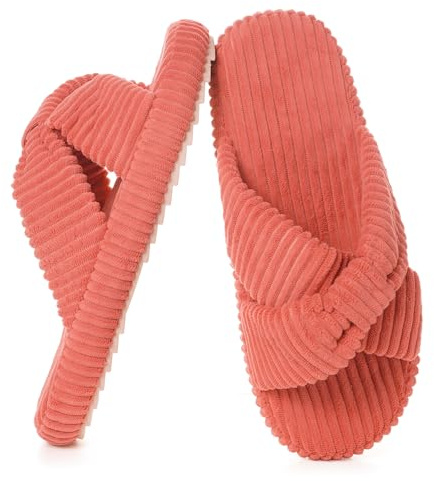 Pantofole Donna Larghe Memory Foam Ciabatte Velluto a Coste Banda Trasversale Scarpe da Casa Antiscivolo Punta Aperta Slippers,Rosa Scuro,39/40 EU