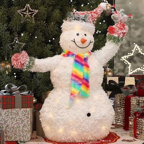 Hometopia LED Schneemann Weihnachtsdeko, Leuchtende Weihnachtsfiguren mit Schneeeffekt und Rotkehlchen für Innen und Außen