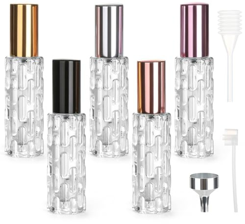 Ligseax 5 Pcs 10ml Refillable Travel Perfume Atomiser, Glass Leak Proof Portable Mini Spray Bottles for Purse, Handbag and Pocket, 5 Assorted Colors