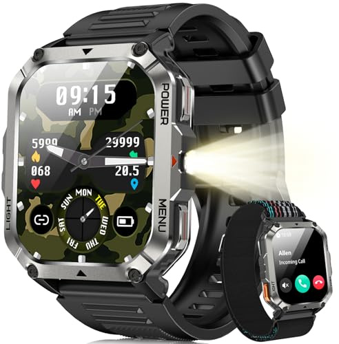 Blackview Reloj Inteligente Hombre Militar - Linterna y Brújula, 2.01Smartwatch Hombre con 100+ Modos Deportivos, Llamadas Bluetooth/Notificación, Pulsómetro/Oxímetro/Sueño, Pulsera Actividad, Negro