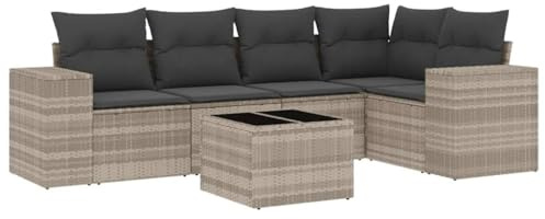 Mhdvray 6-TLG. Rattan Gartensofa Garnitur Hellgrau 62x62x69 cm modular mit Tisch & Kissen loungesofa Outdoor für Balkon Terrasse Garten