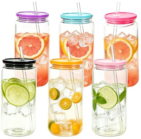ADEMOKE 6 bicchieri in plastica con coperchio e cannuccia, 475 ml con cannuccia trasparente, riutilizzabile, per caffè freddo, frullati, succhi di frutta, ideale per casa, ufficio, feste, uso
