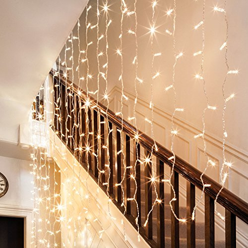 Lights4fun 1x 192er LED Lichtervorhang warmweiß Außenbereich Transparentes Kabel 2 x 2m koppelbar