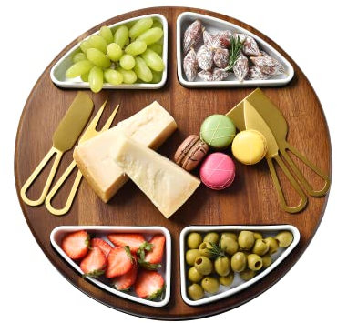 Shanik Lazy Susan - Juego de tablas de cortar de queso mejoradas, tabla redonda de acacia para charcutería, plato para servir queso con 2 cuencos de cerámica y espacios para aperitivos hechos a mano,