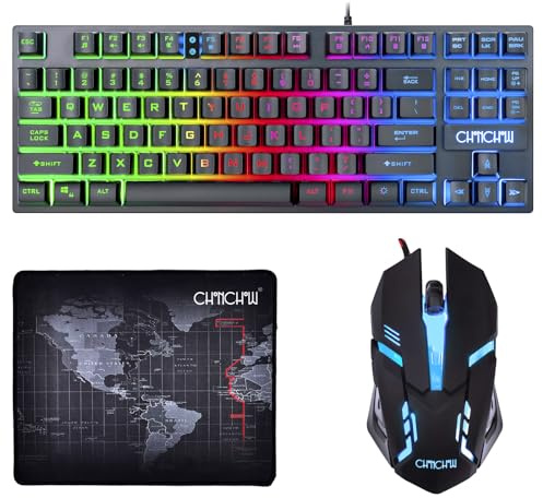 CHONCHOW 87 Keys TKL Gaming Keyboard and Mouse Combo, Wired LED Rainbow Backlit Keyboard 800-3200 DPI RGB Mouse, Gaming for PS4 Xbox PC Laptop Mac