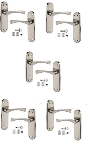 Golden Grace 5 Sets of Twist Astrid Style Modern Chrome Door Handles on Backplate with Satin Stainless Steel Finish Door Lever Latch Pack 182mm x 45mm Backplate