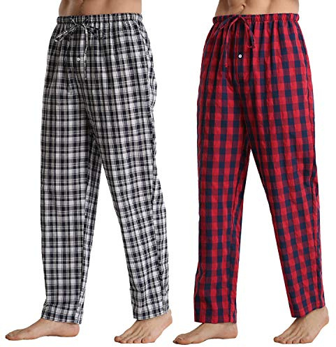 YUSHOW Pyjamasbyxor för män bomull mjuka rutiga fritidsbyxor med fickor och dragsko sommar 2 delar, Röd röd, L