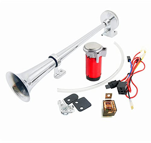 YIYIDA Car Horn Air Horn 150DB Horn 45cm Car Speaker Chrome Zinc Single Trumpet Red Loud Horn with Air Pump Compressor Truck Horn for Any 24V vehicle Truck Lorry Car Train Boat ect