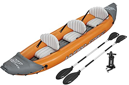 Bestway Kayak Hydro-Force Rapid X3 | Juego de Barco Inflable con Bomba de Mano, paletas, Asientos, Aletas y Bolsa de Almacenamiento | Tres plazas