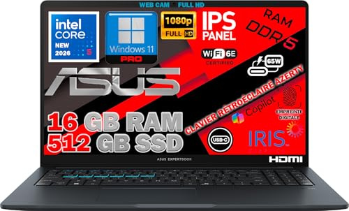ASUS Ordinateur ExpertBook Portable Intel Core 5 120U 14 Gén 12 Cœurs, RAM 16Go DDR5, SSD 512 Go (2x256), 15.6 FHD IPS, WiFi 6E, Webcam, Accès Biométrique, Clavier AZERTY Rétroéclairé, Win 11 Pro, IA