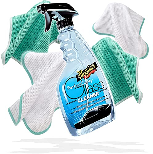 detailmate Meguiars Pure Clarity Glass Cleaner - Juego de limpieza de cristales para coche (473 ml, 450 g/m², 40 x 40 cm, 4 unidades), color verde y blanco