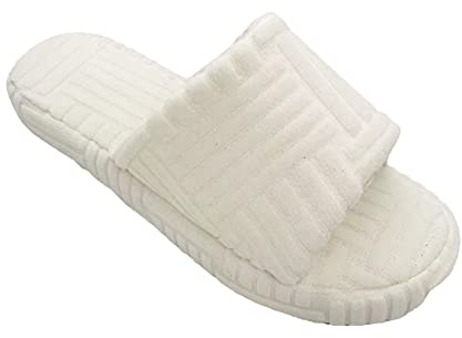 ERLINGO Pantoufles en tissu éponge pour femme - Bout ouvert - Bas épais - En coton texturé - Pour l'intérieur et l'extérieur, blanc, 38 EU